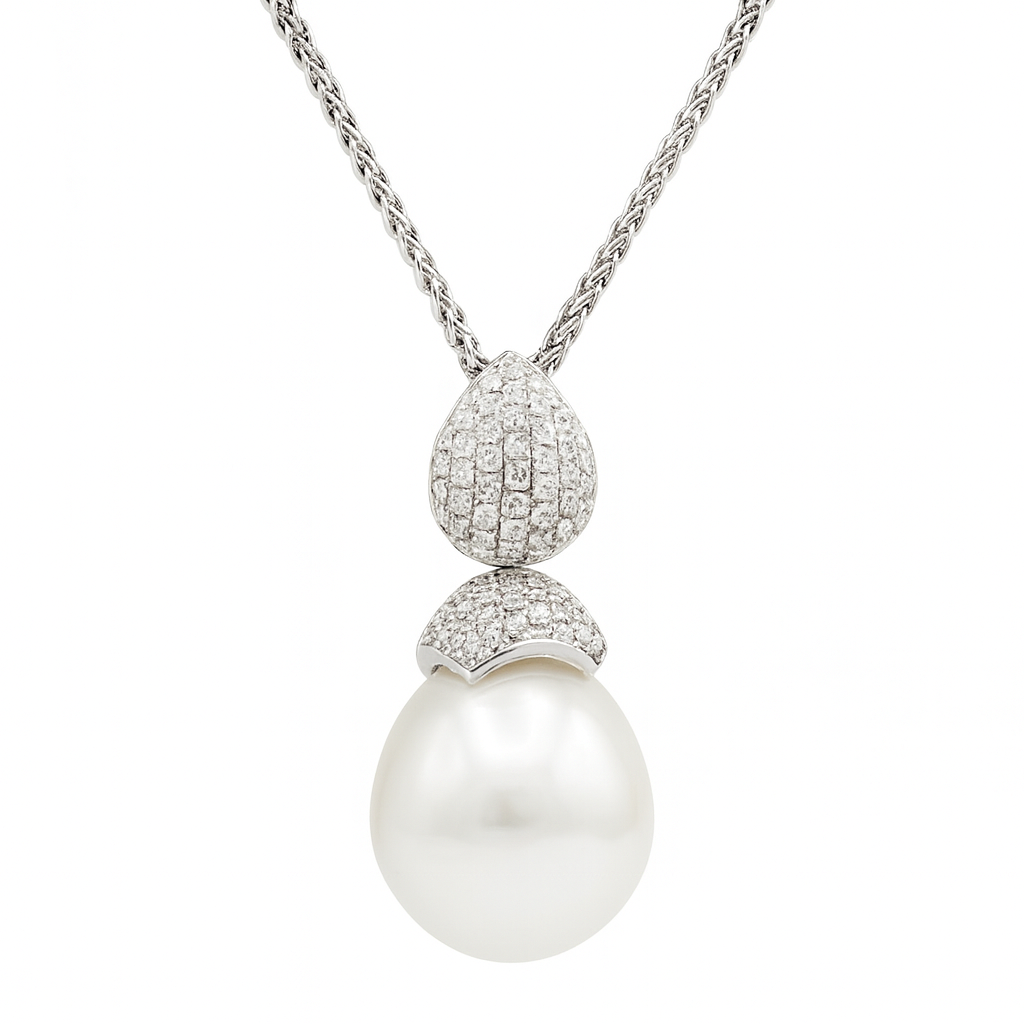 14K White Gold South Sea Pearl Pendant, 11-12mm, 0.38ct