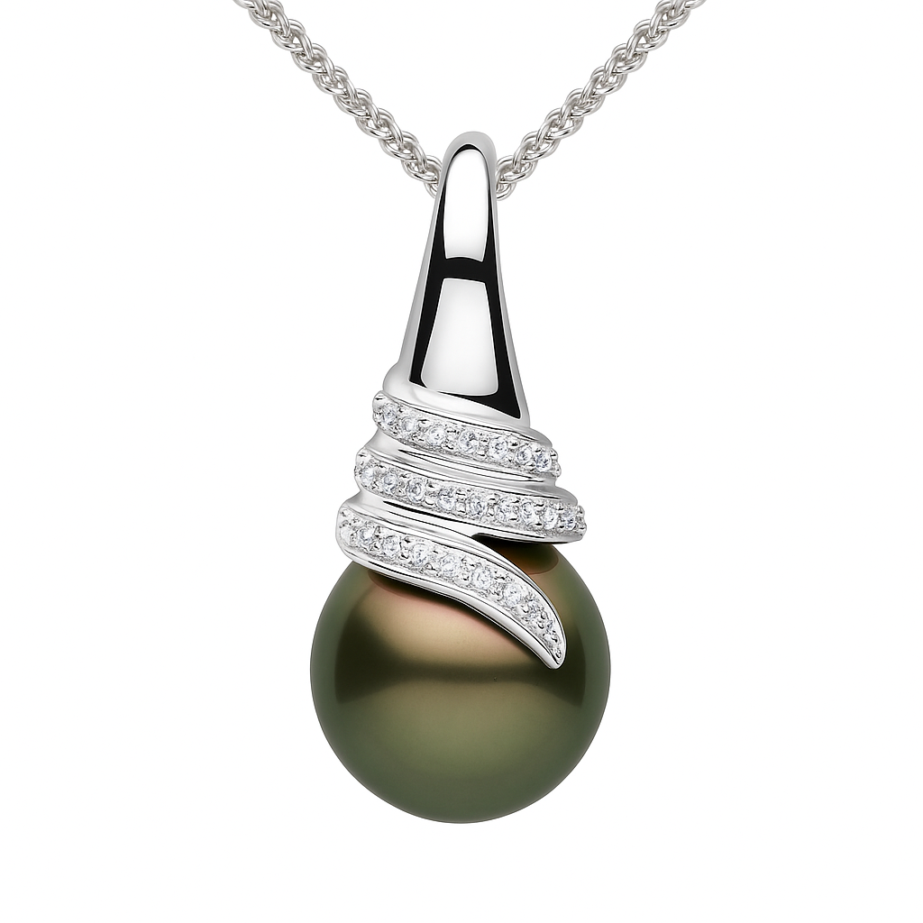 14K White Gold Tahitian Pearl Pendant, 11-12mm