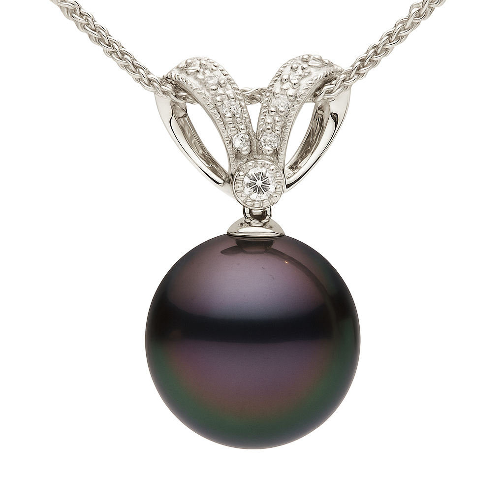 14K White Gold Tahitian Pearl Pendant, 12-13mm, 0.1ct