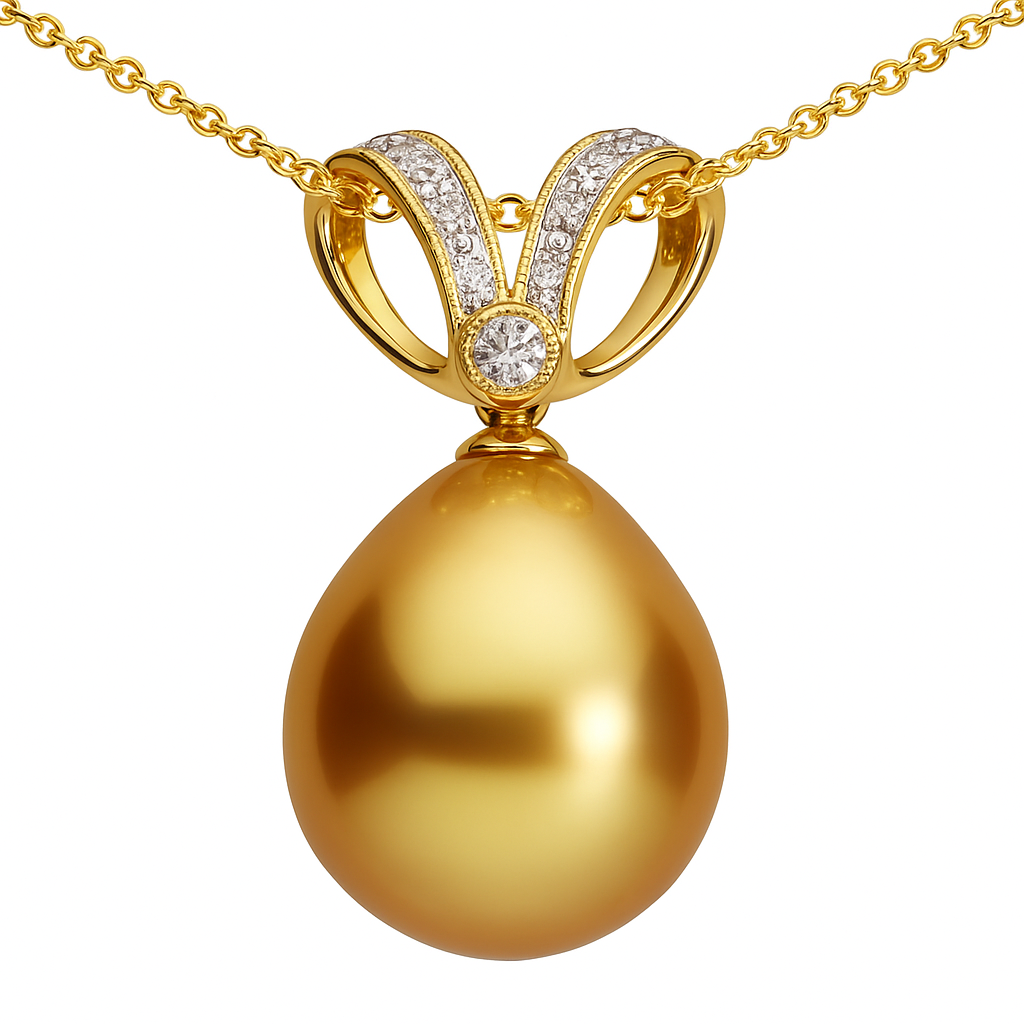 14K Yellow Gold South Sea Pearl Pendant, 12-13mm, 0.07ct