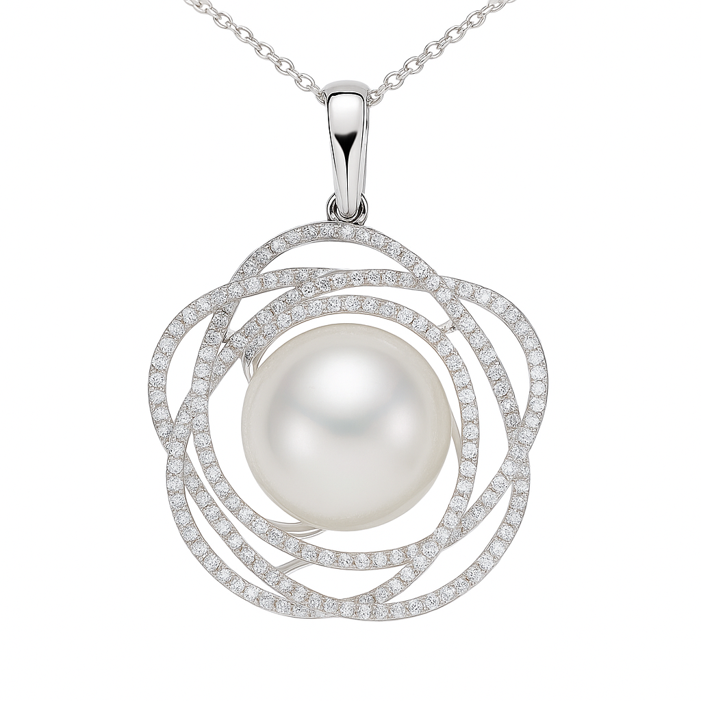 18K White Gold South Sea Pearl Pendant, 13-14mm, 0.68ct