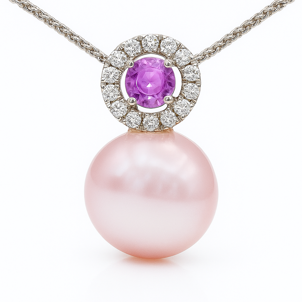 14K White Gold Pink Sapphire Freshwater Pearl Pendant, 11-12mm, 0.15ct