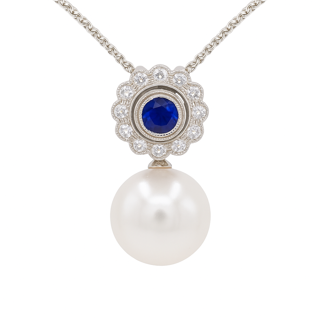18K White Gold South Sea Pearl Pendant, 13-14mm, 0.73ct