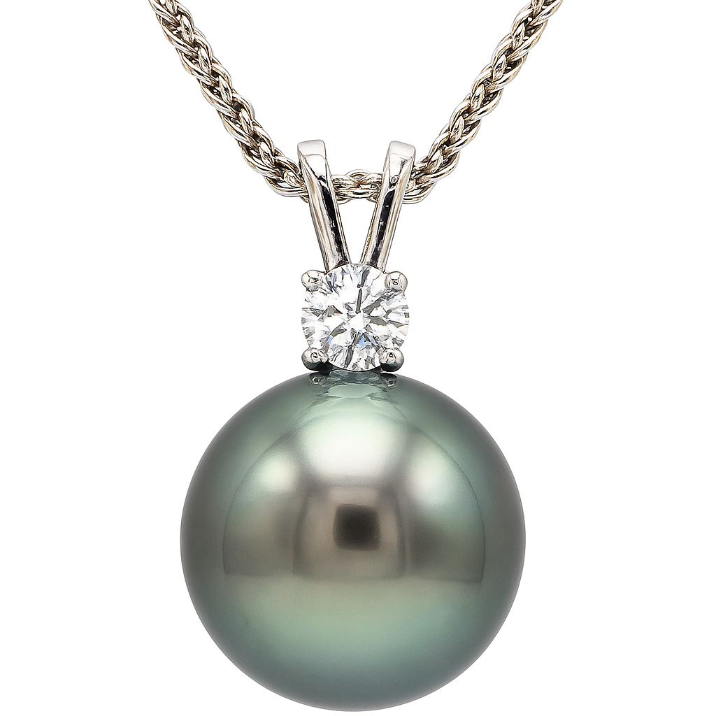 18K White Gold Tahitian Pearl Pendant, 13-14mm, 0.12ct