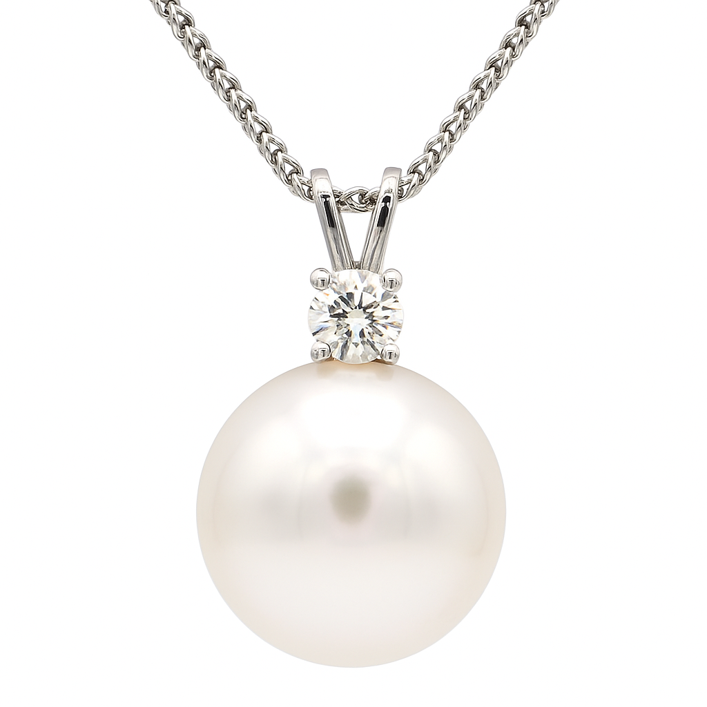 18K White Gold Tahitian Pearl Pendant, 13-14mm, 0.12ct