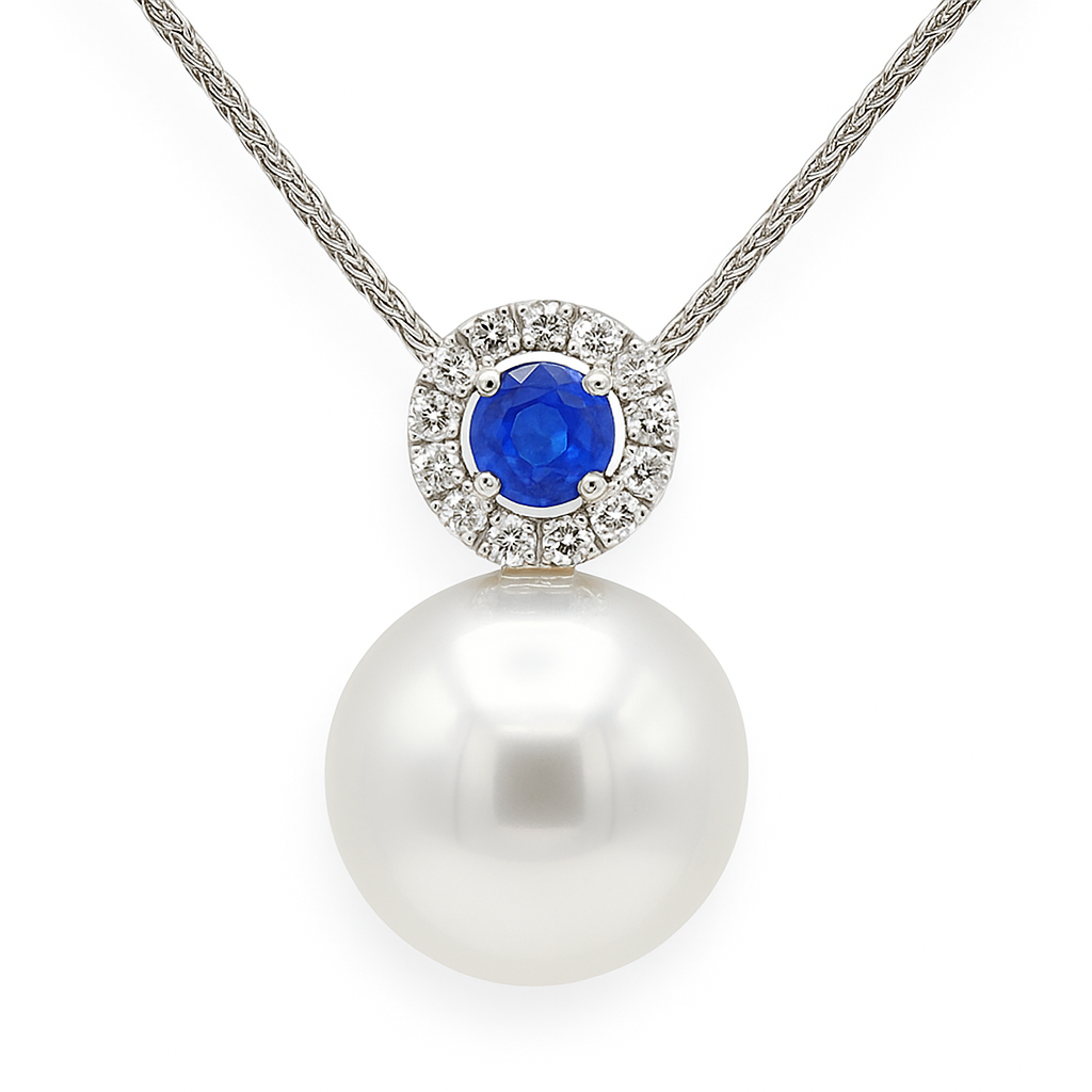 18K White Gold South Sea Pearl Pendant, 13-14mm, 0.58ct