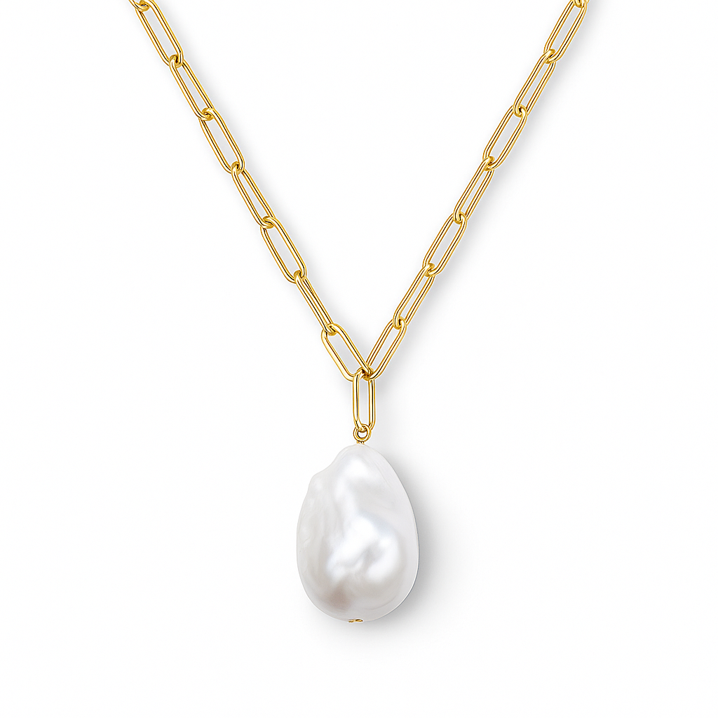 14K Yellow Gold Freshwater Pearl Paperclip Necklace, 12-14mm
