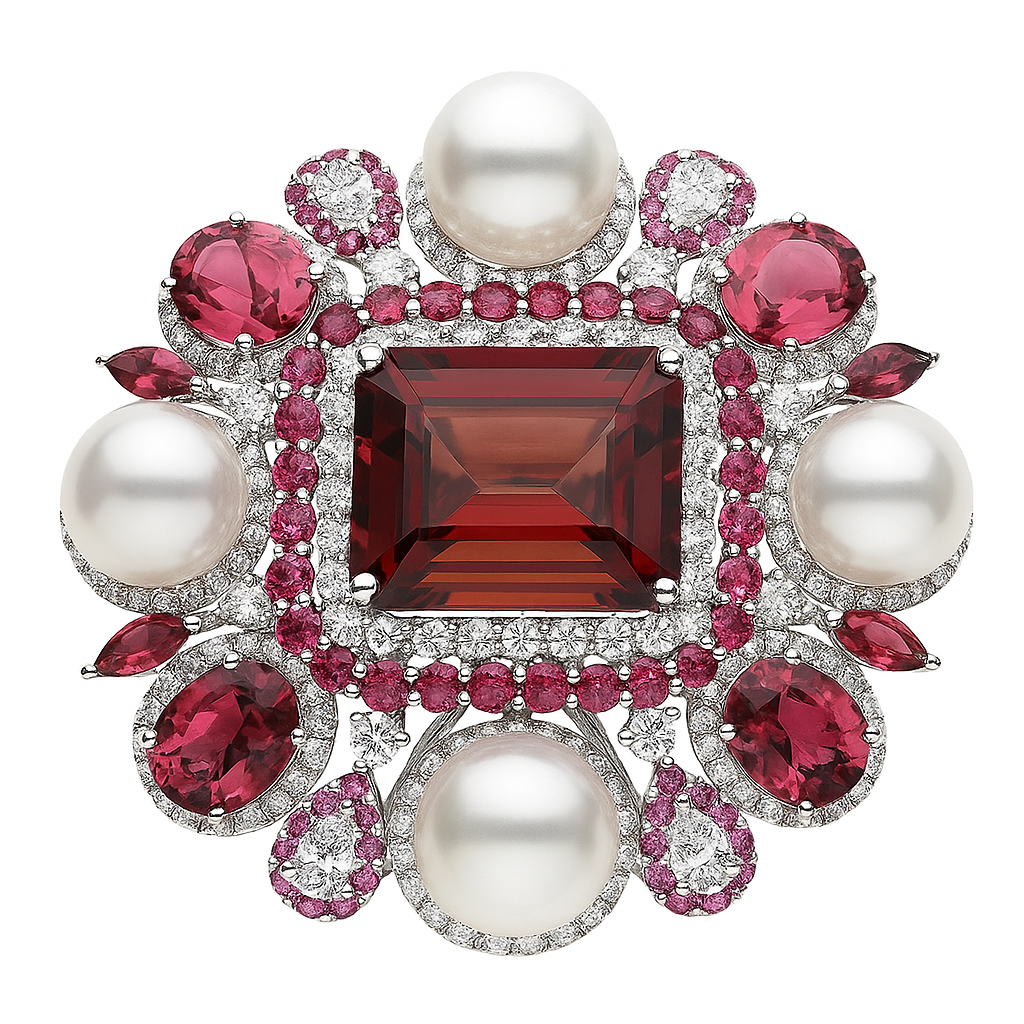 P012813 - Brooch 18KW/30.7G PEAR-0.98CT 9PT-25.94CT 272RD-8.43CT 9-11mm S.Sea