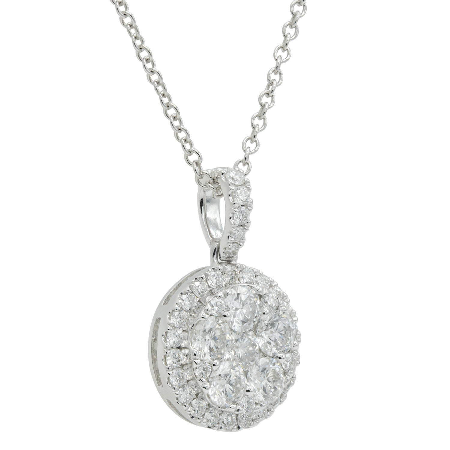 14K White Gold Round Diamond Cluster Pendant, 1.2ct