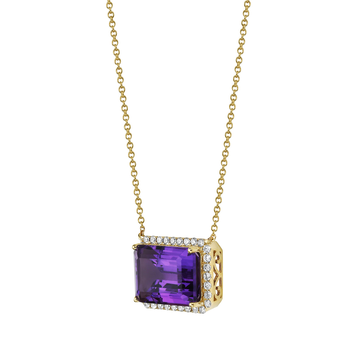 P090016Y-AME - Necklace 14KY/1.9G 1AME-7.46CT 32RD-0.39CT Amethyst