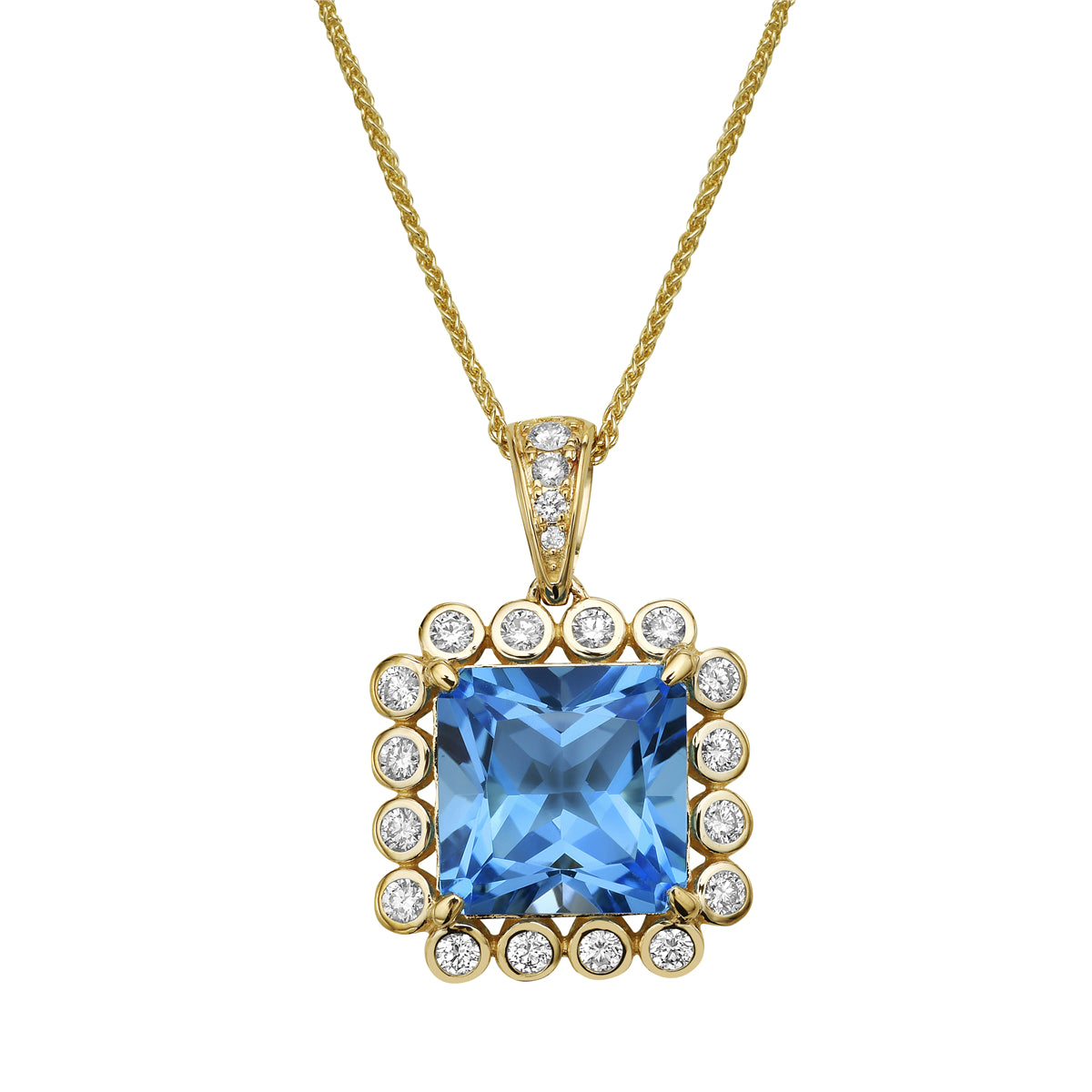 P090024Y-SWBT - Pendant 14KY/2.6G 1SWBT-5.70CT 20RD-0.40CT Swiss Blue Topaz