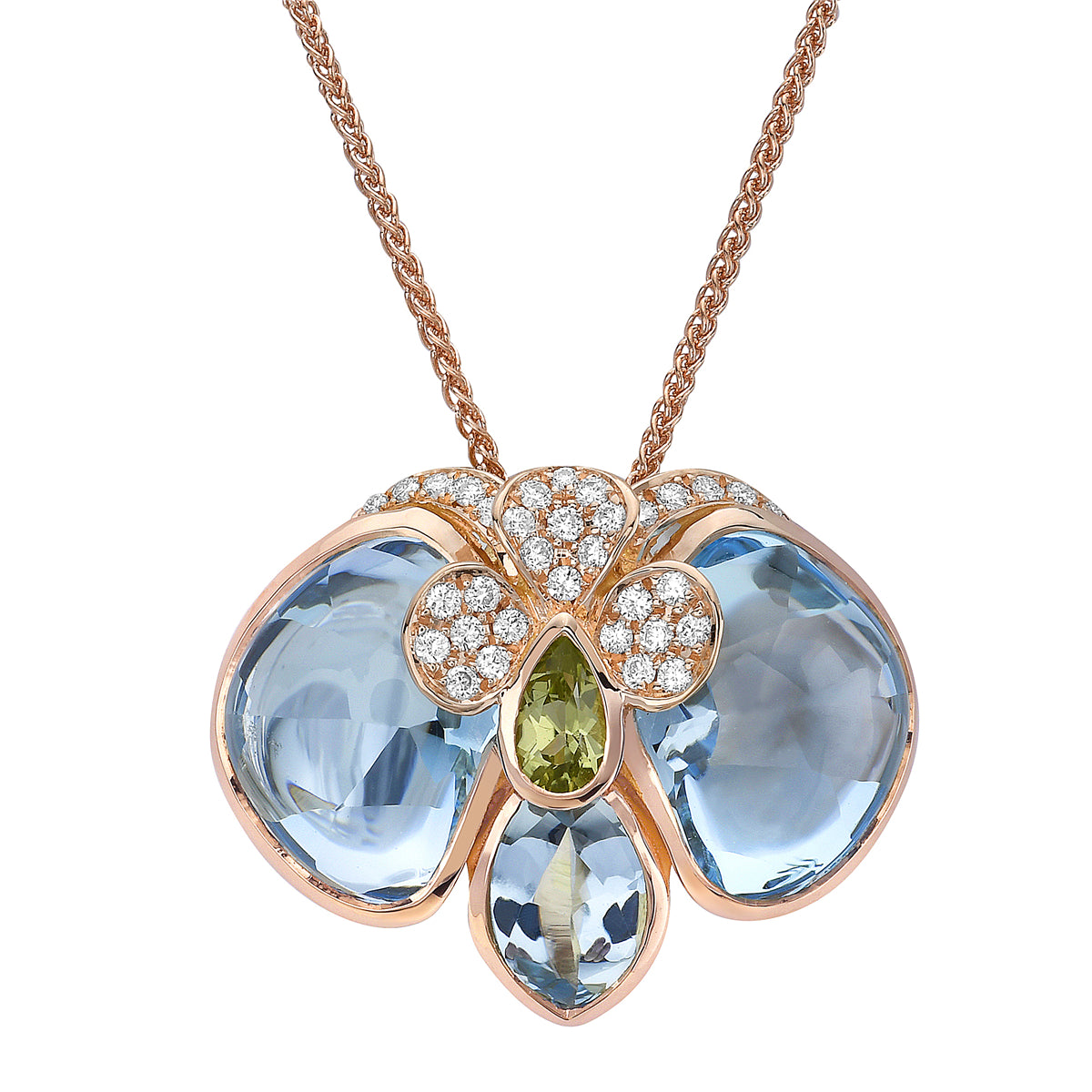 P090062R-BT/P - PENDANT 18KR-2.41G 33D-0.12CT 3BT-7.01CT 1PER-0.13CT BLUE TOPAZ & PERIDOT