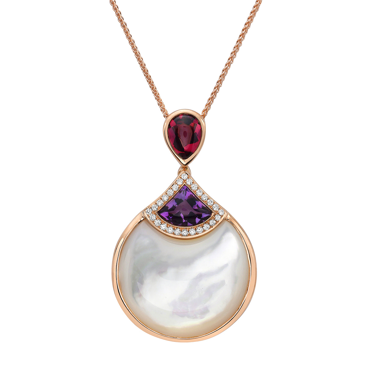P090064R-AM/RHO - PENDANT 18KR-2.98G 26D-0.08 1AME-0.64CT 1MOP-10.64 1RHO-0.69CT