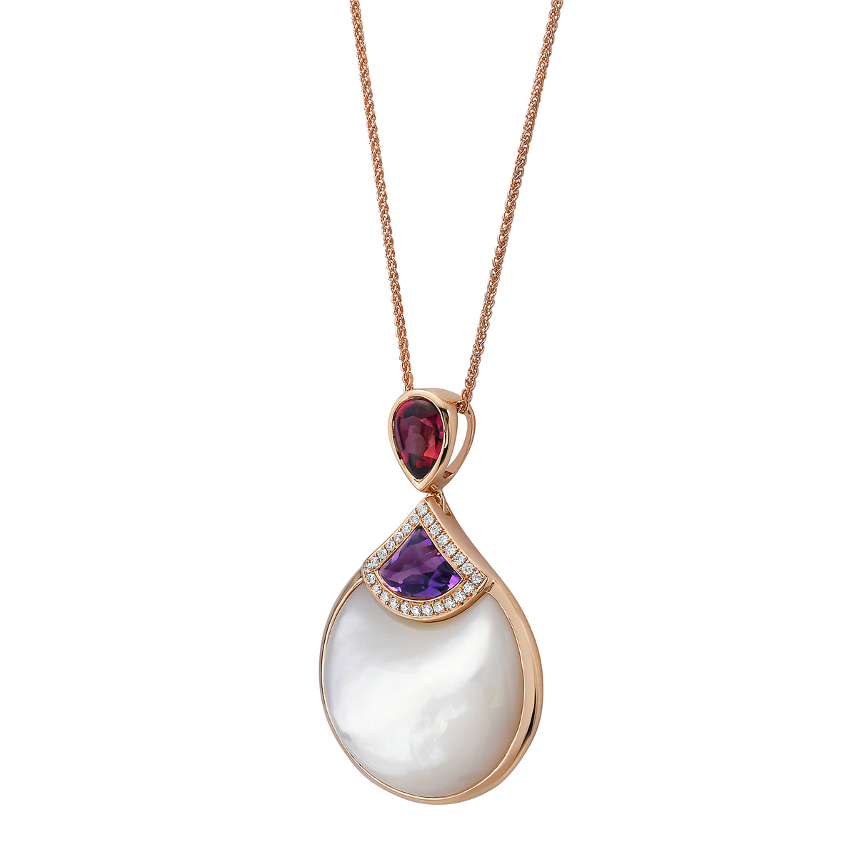 P090064R-AM/RHO - PENDANT 18KR-2.98G 26D-0.08 1AME-0.64CT 1MOP-10.64 1RHO-0.69CT