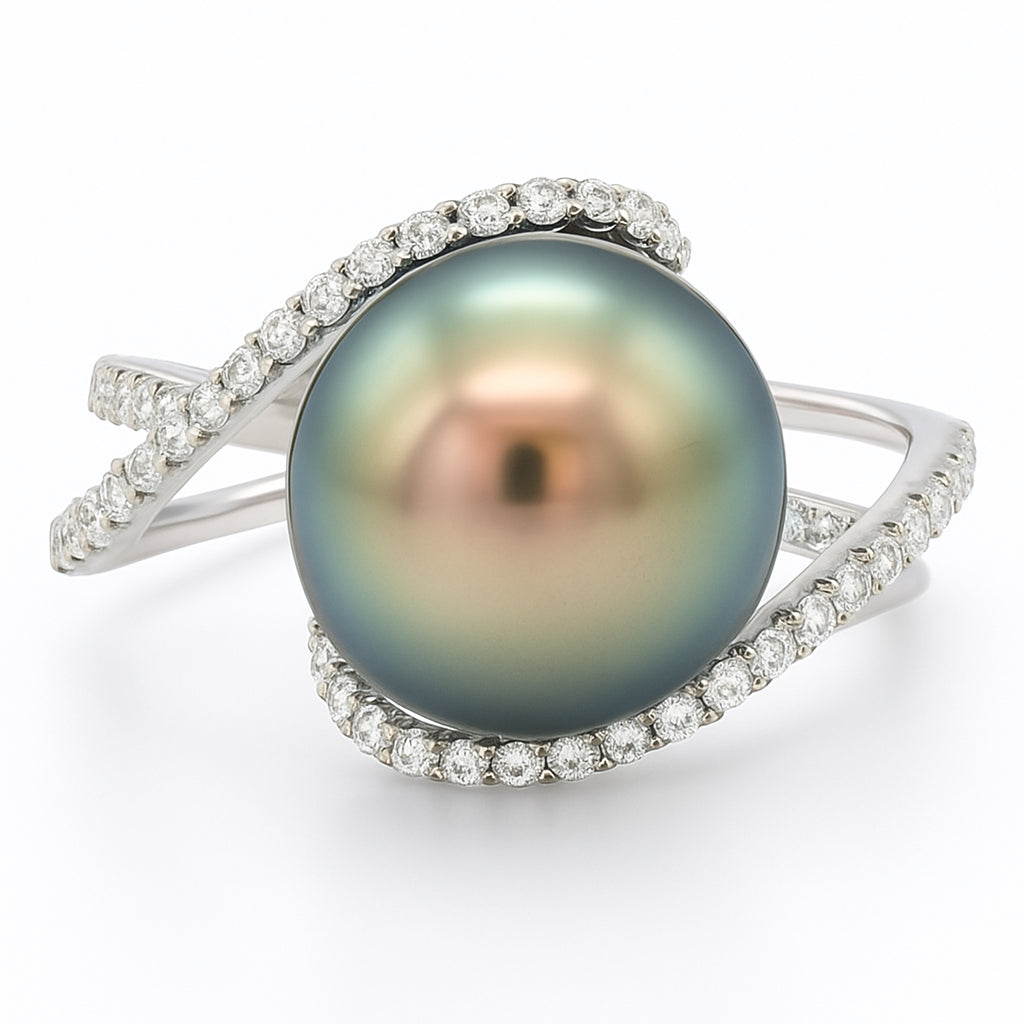 14K White Gold Tahitian Pearl and Diamond Ring, 10-11mm
