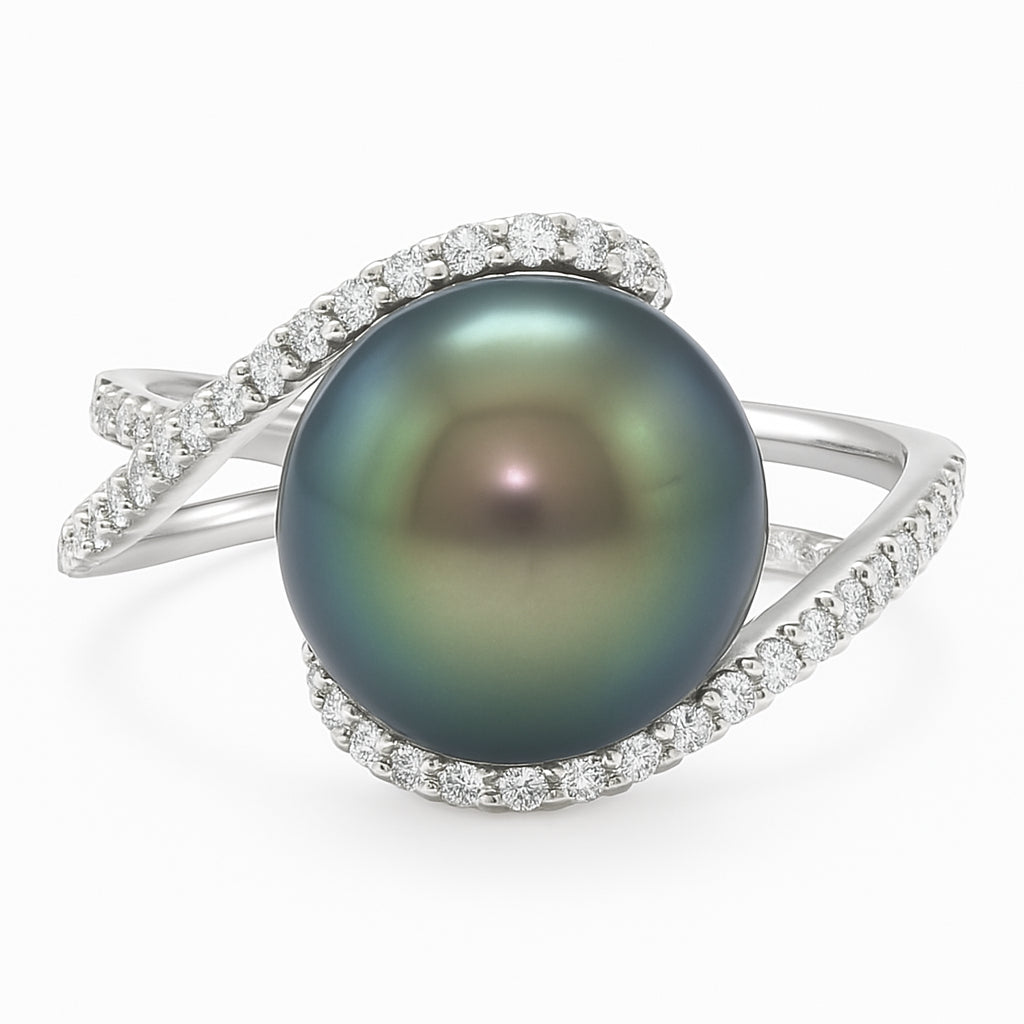 14K White Gold Tahitian Pearl Ring, 11-12mm, 0.37ct