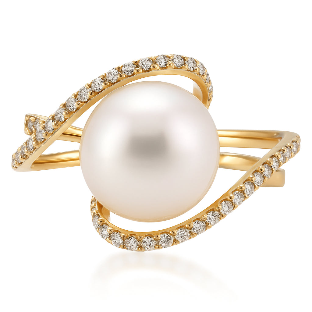 14K Yellow Gold South Sea Pearl Ring, 11-12mm, 0.37ct