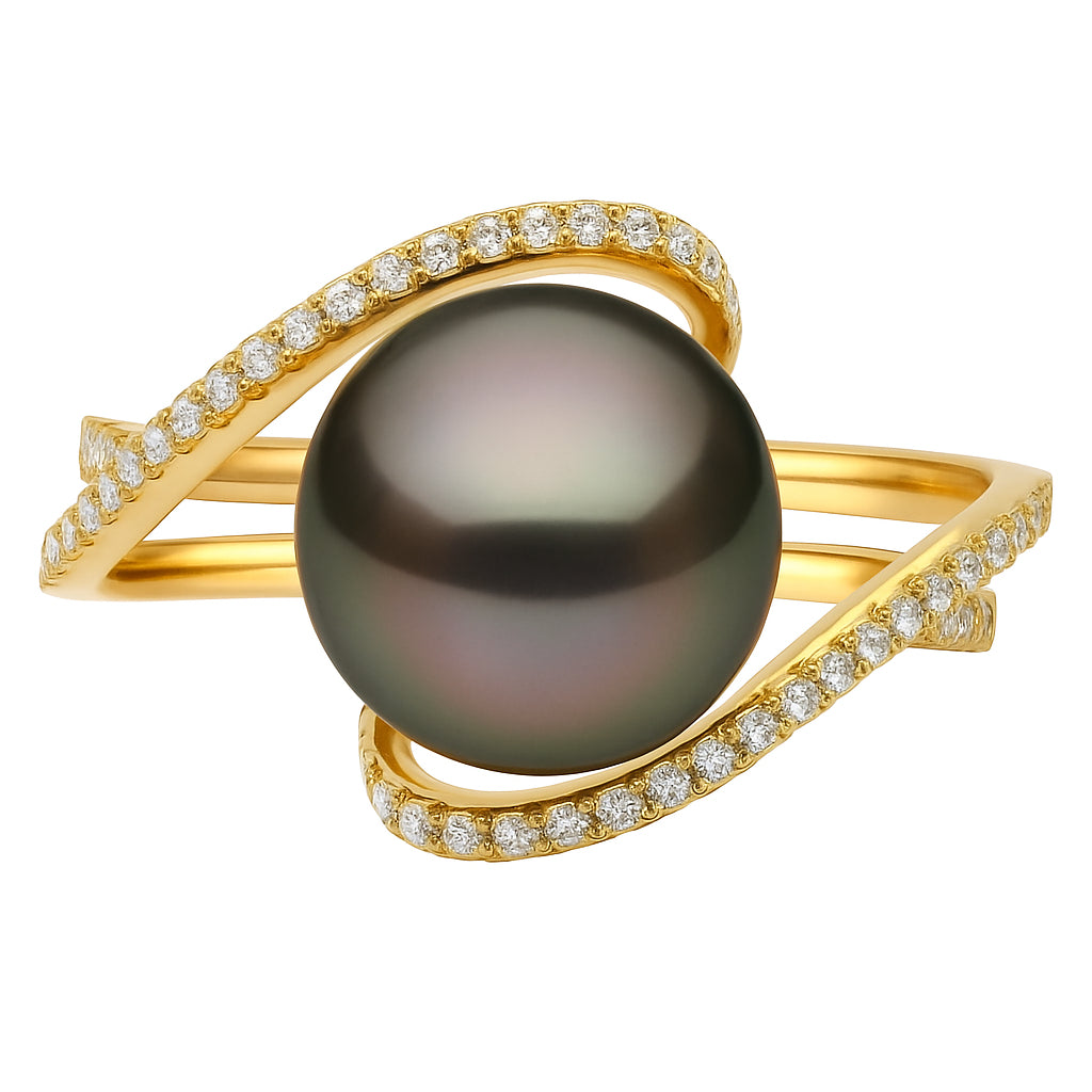18K Yellow Gold Tahitian Pearl Ring, 10-11mm, 0.34ct