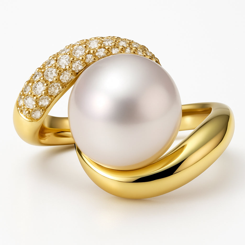 18K Yellow Gold South Sea Pearl Ring, 11-12mm, 0.42ct