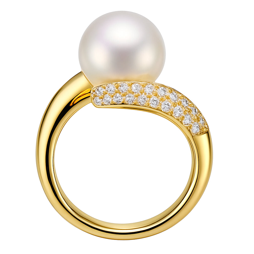 18K Yellow Gold South Sea Pearl Ring, 11-12mm, 0.42ct