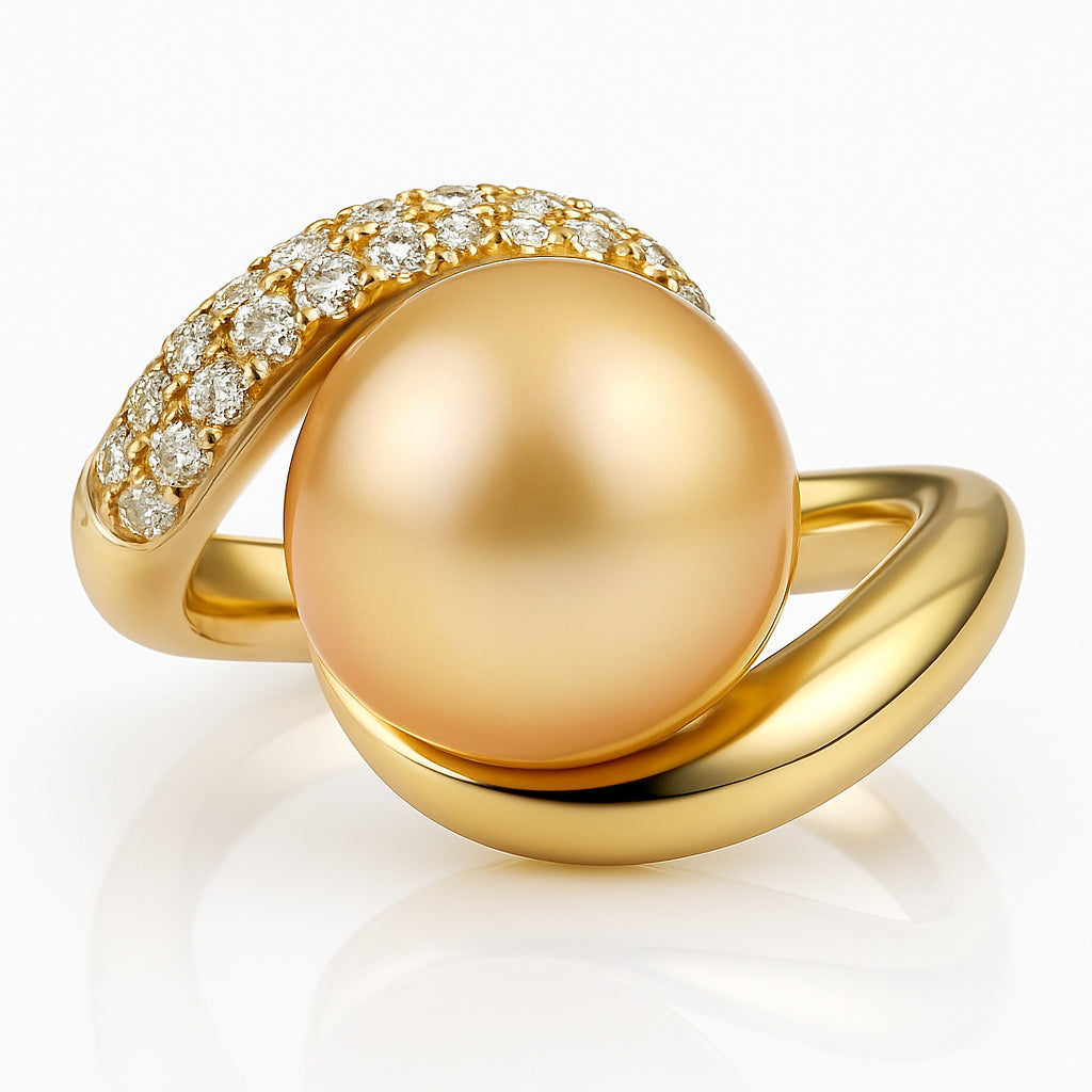 18K Yellow Gold Golden South Sea Pearl Ring, 11-12mm, 0.42ct