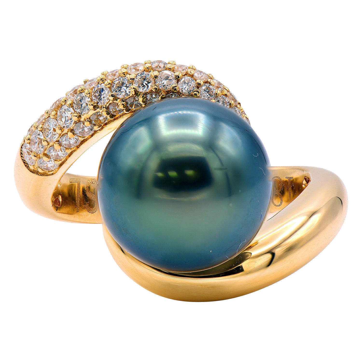 18K Yellow Gold Tahitian Pearl Ring, 11-12mm, 0.42ct