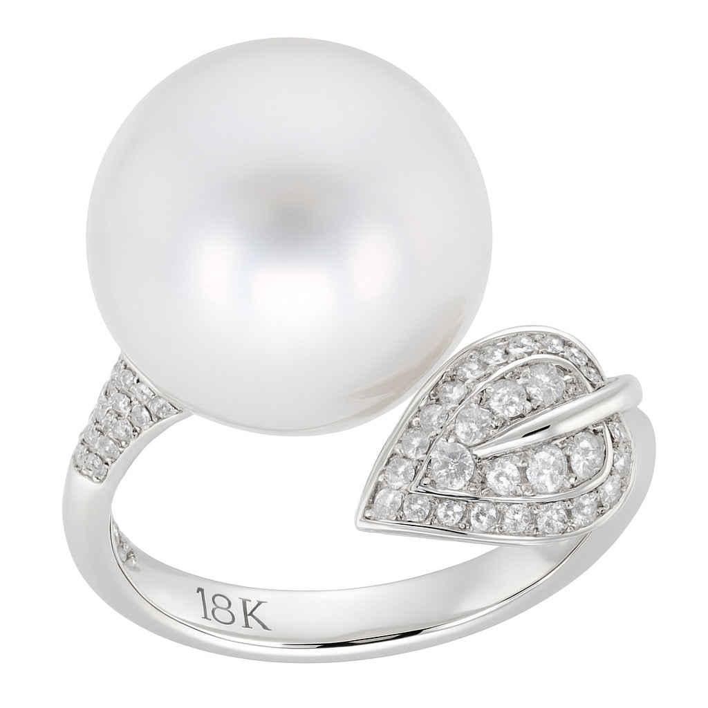 18K White Gold South Sea Pearl Ring, 14-15mm, 0.39ct