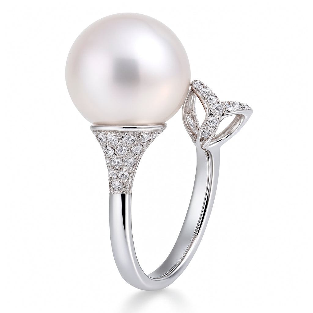18K White Gold South Sea Pearl Ring, 14-15mm, 0.39ct