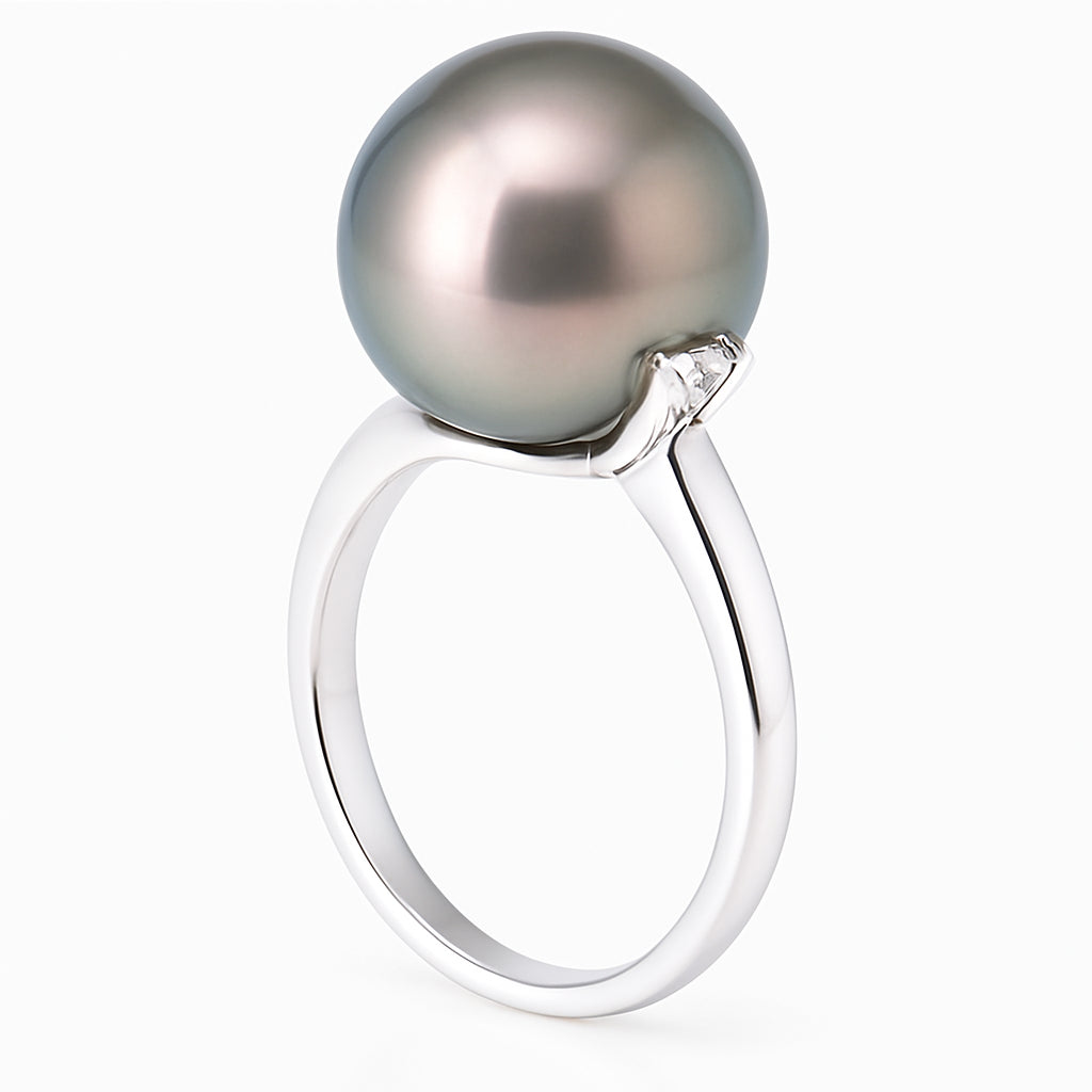 14K White Gold Tahitian Pearl Ring, 11-12mm, 0.08ct