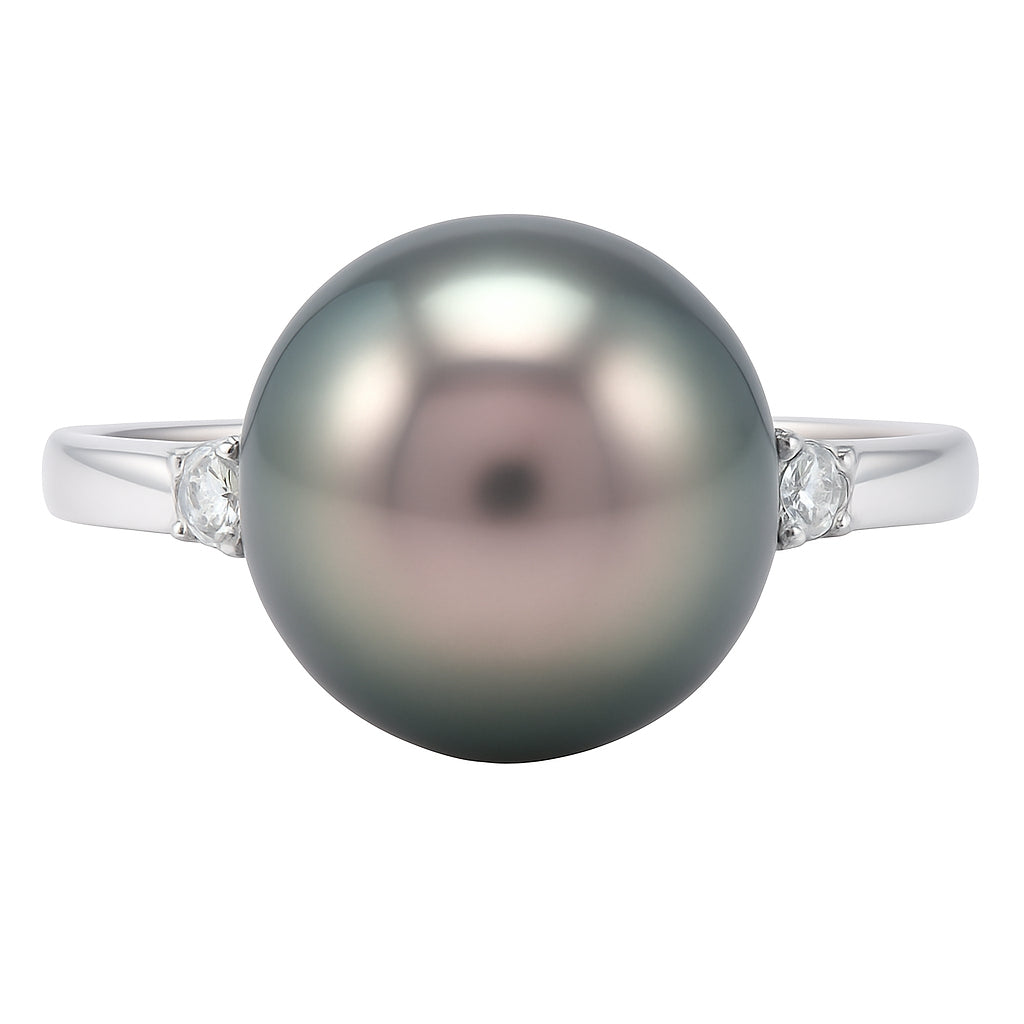 14K White Gold Tahitian Pearl Ring, 11-12mm, 0.08ct