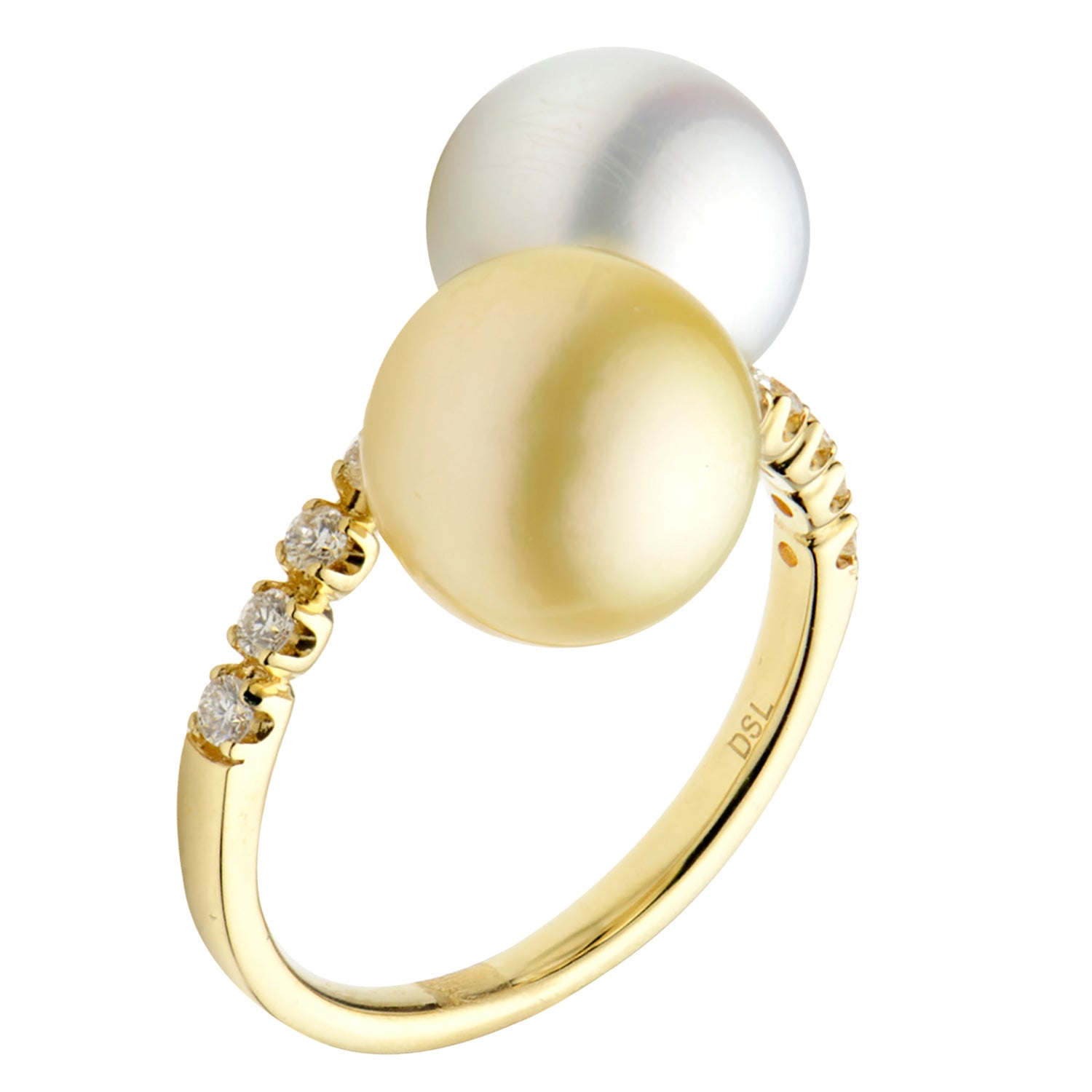 18K Yellow Gold White & Golden South Sea Pearl Spiral Diamond Ring, 14-15mm, 0.23ct