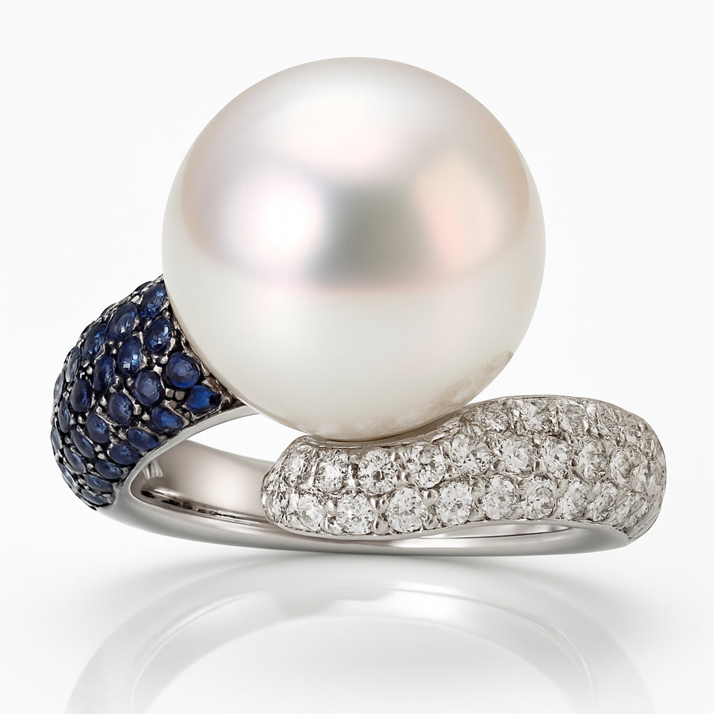 18K White Gold South Sea Pearl & Sapphire Ring, 12-13mm