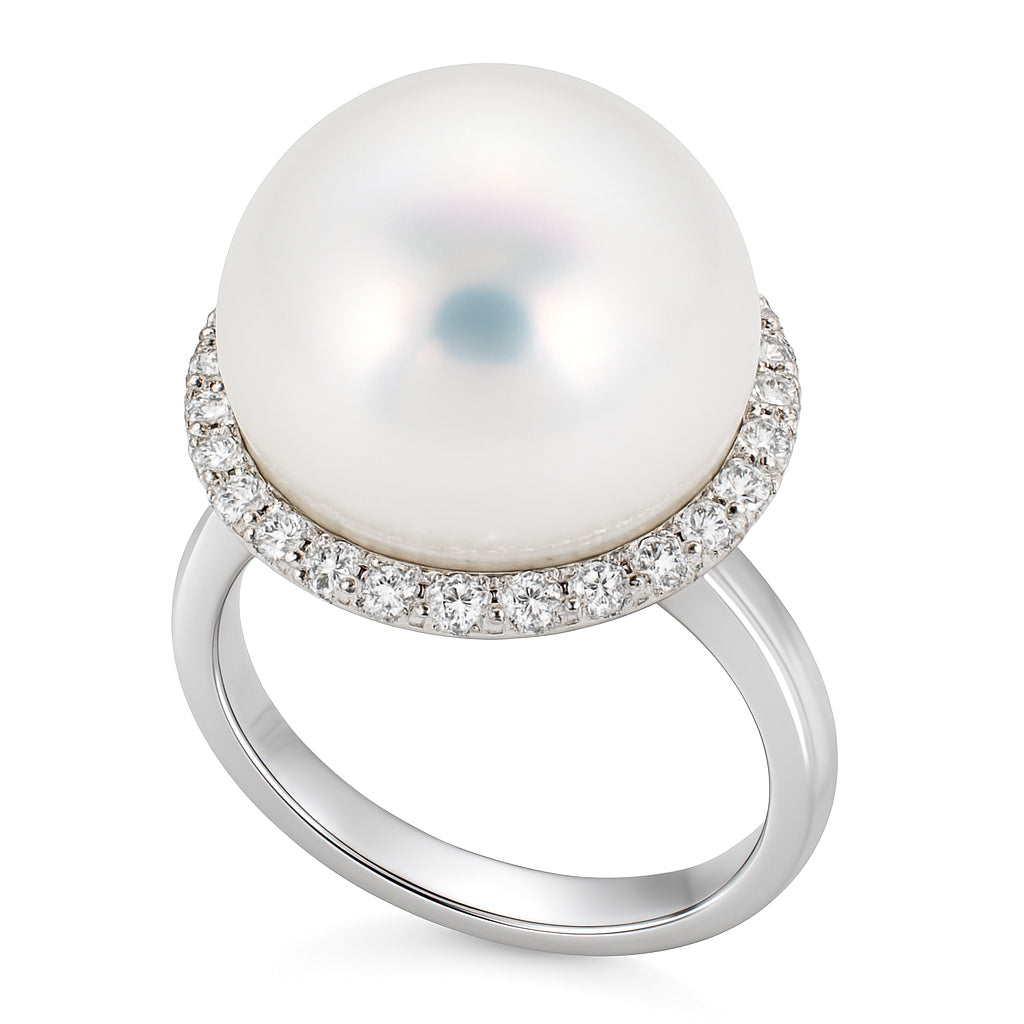 18K White Gold Freshwater Pearl Ring, 16-17mm, 0.46ct