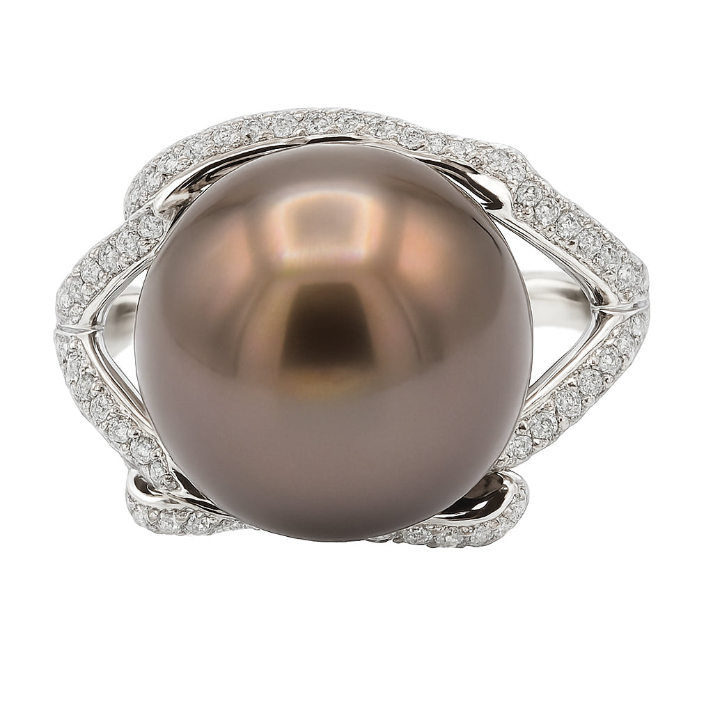 18K White Gold Tahitian Pearl Ring, 13-14mm, 0.9ct