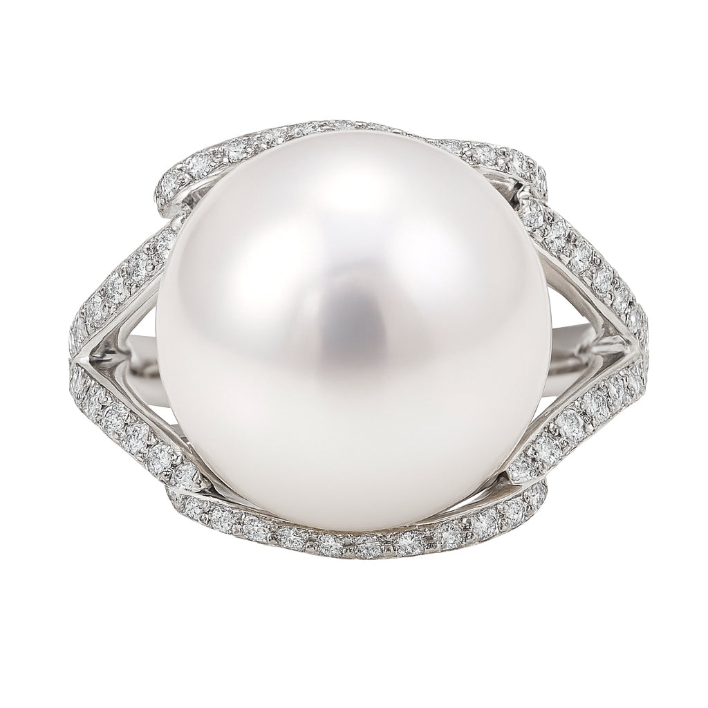 18K White Gold South Sea Pearl Ring, 13-14mm, 0.82ct