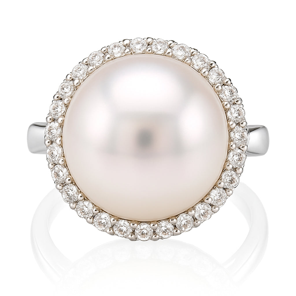 18K White Gold South Sea Pearl Ring, 15-16mm, 0.44ct
