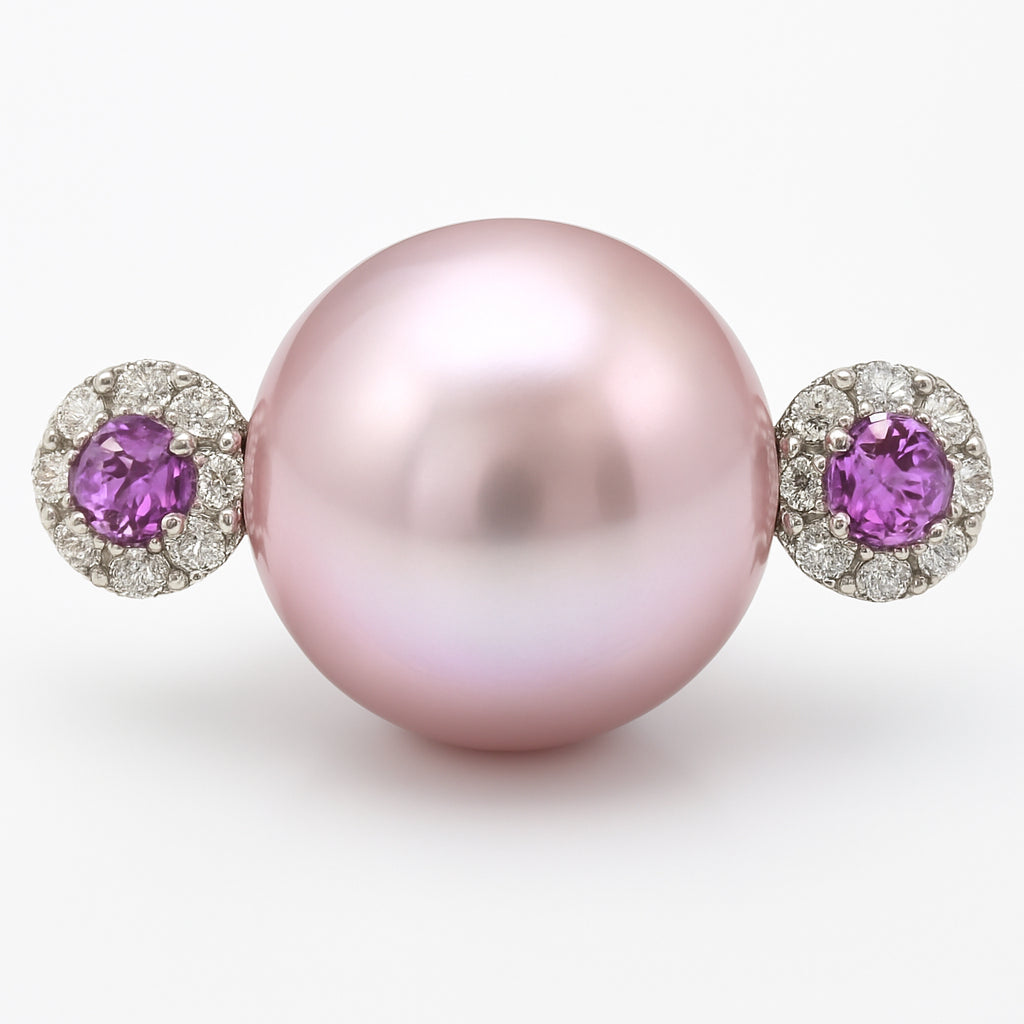 18K White Gold Freshwater Pearl Ring, 14-15mm, 0.21ct