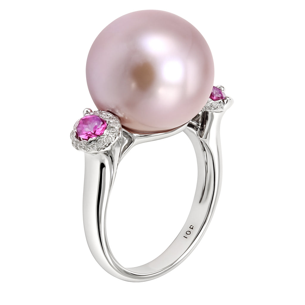 18K White Gold Freshwater Pearl Ring, 14-15mm, 0.21ct
