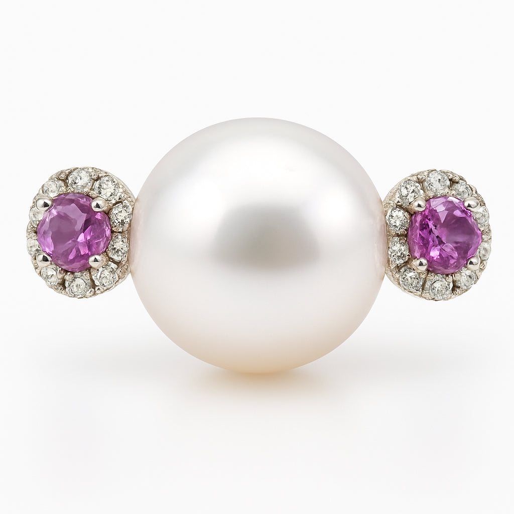 18K White Gold South Sea Pearl Ring, 14-15mm, 0.21ct