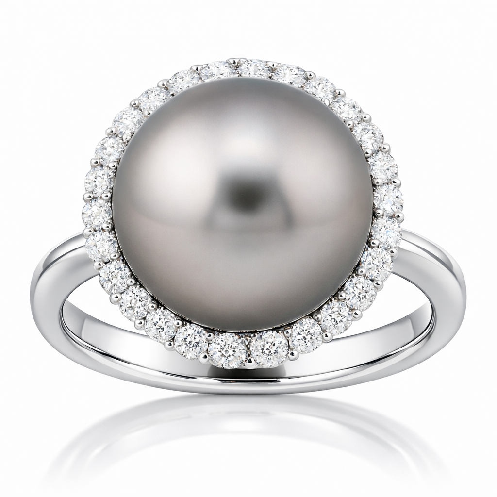 18K White Gold Tahitian Pearl Ring, 12-13mm, 0.37ct