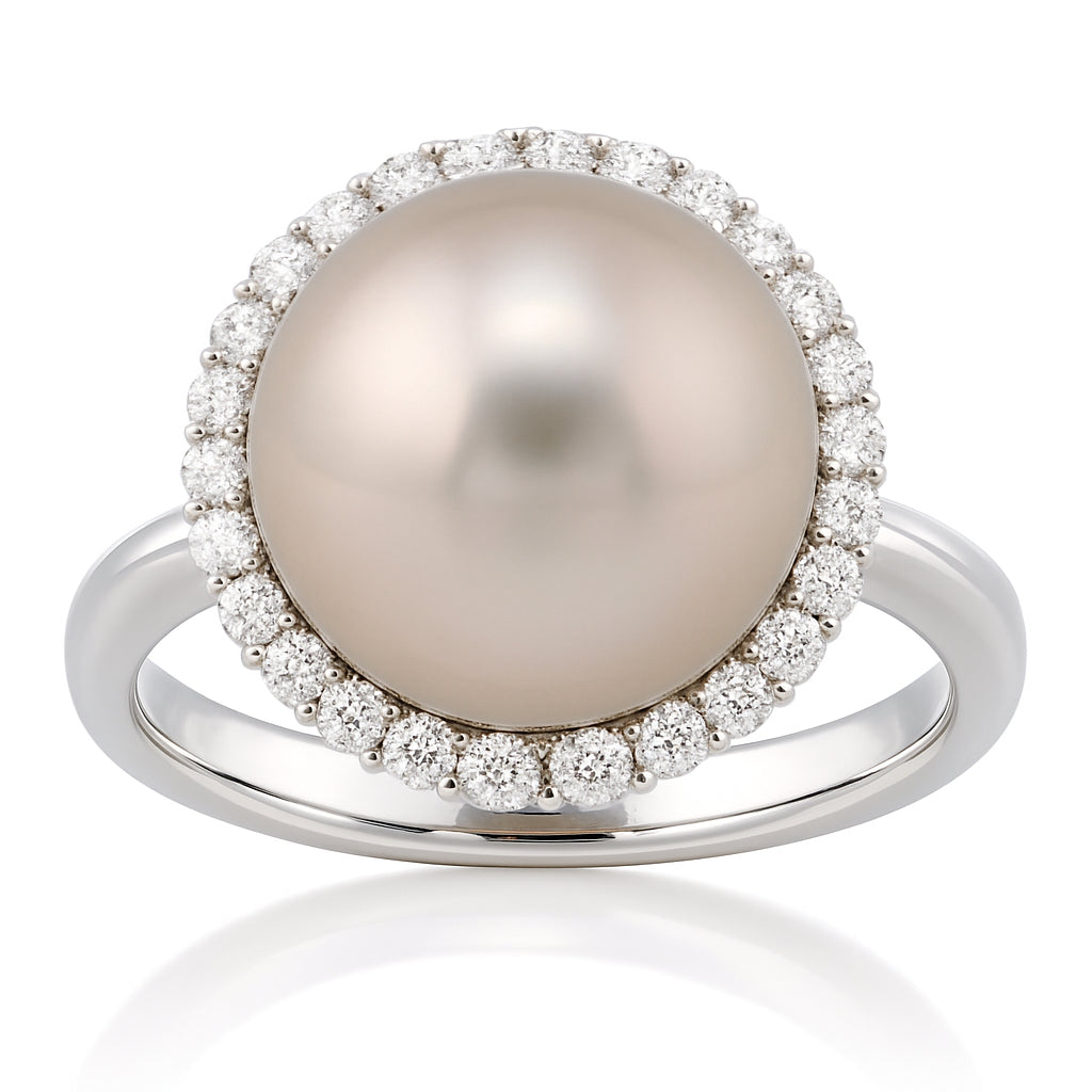 18K White Gold South Sea Pearl Ring, 12-13mm, 0.39ct
