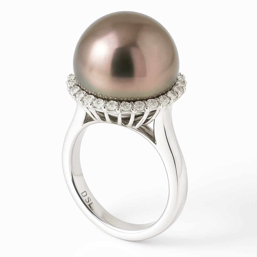 18K White Gold Tahitian Pearl Ring, 12-13mm, 0.37ct