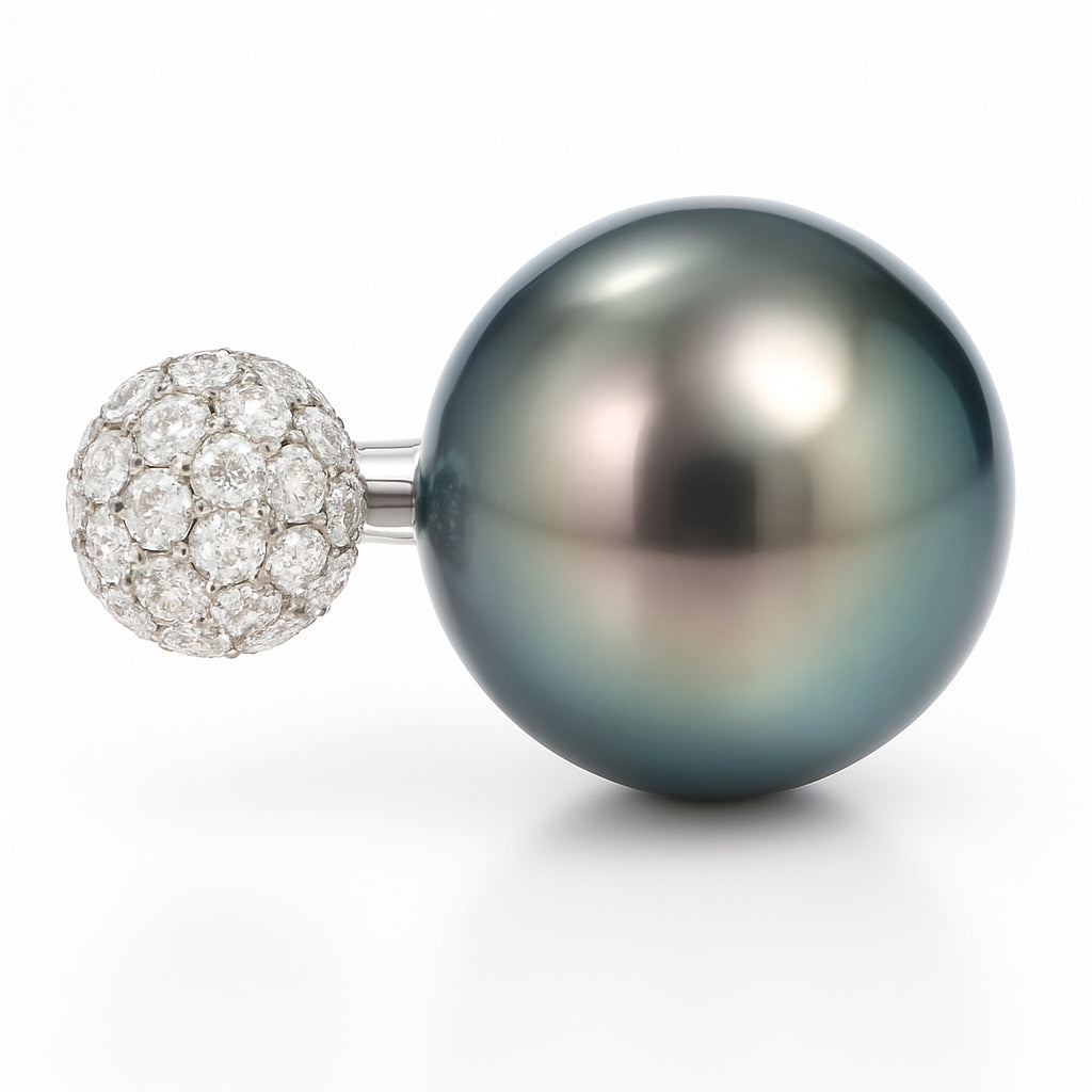 18K White Gold Tahitian Pearl Ring, 14-15mm, 0.78ct