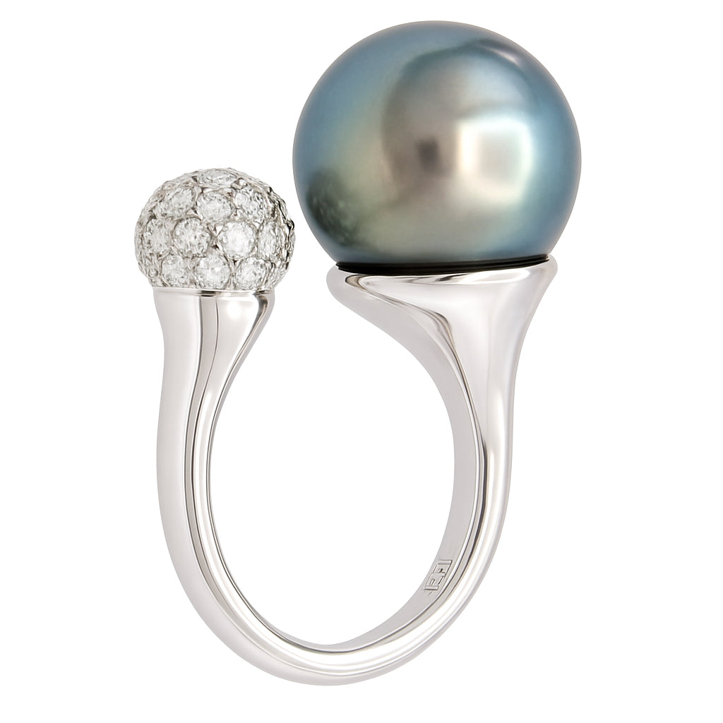 18K White Gold Tahitian Pearl Ring, 14-15mm, 0.78ct