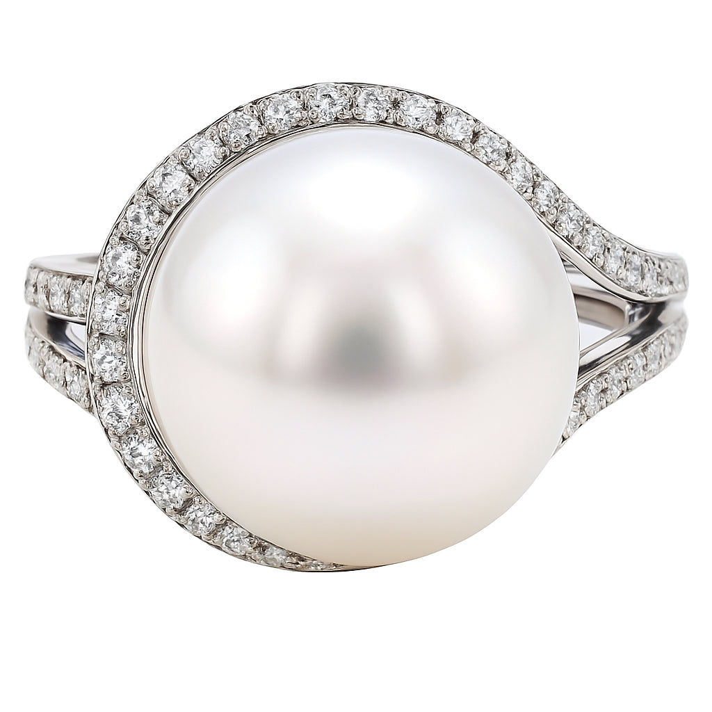 18K White Gold South Sea Pearl Ring, 13-14mm, 0.3ct