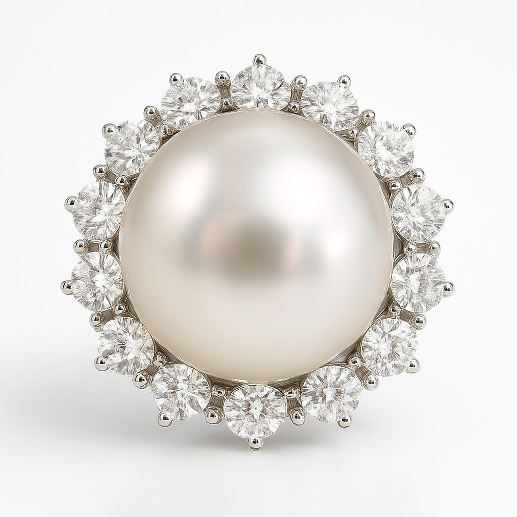 18K White Gold South Sea Pearl Ring, 14-15mm, 0.98ct