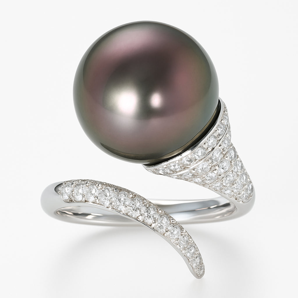 18K White Gold Tahitian Pearl Ring, 13-14mm, 0.79ct