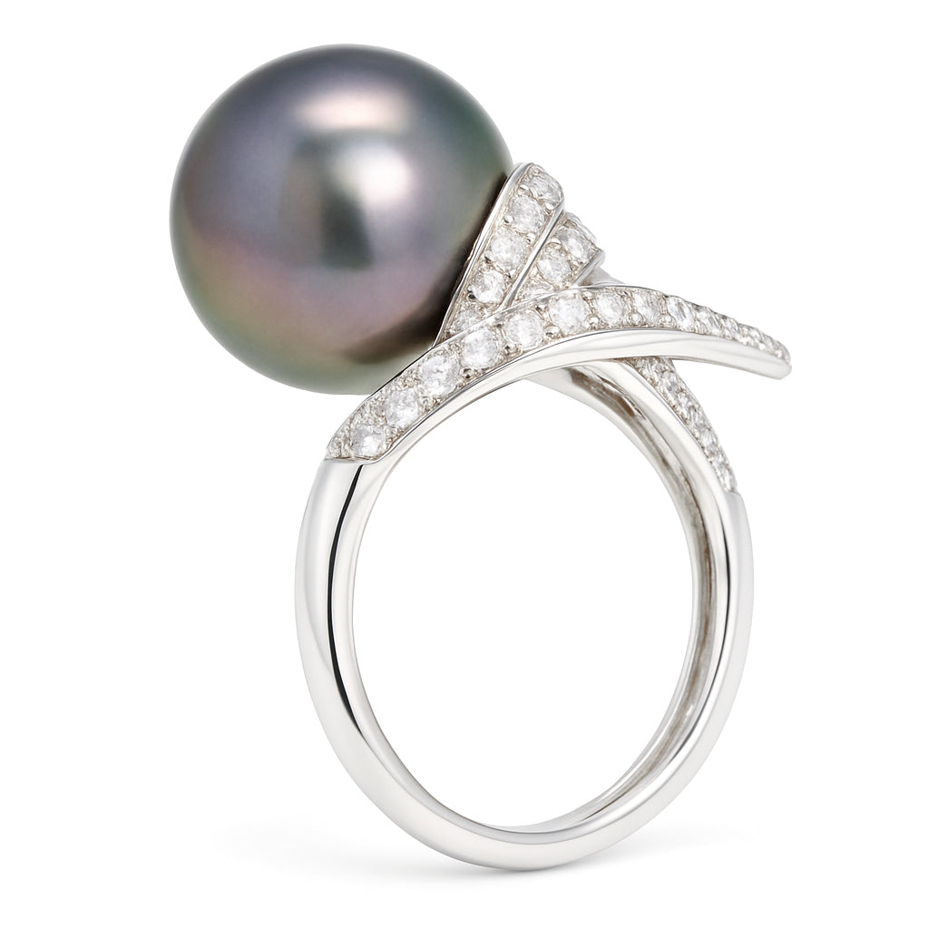18K White Gold Tahitian Pearl Ring, 13-14mm, 0.79ct