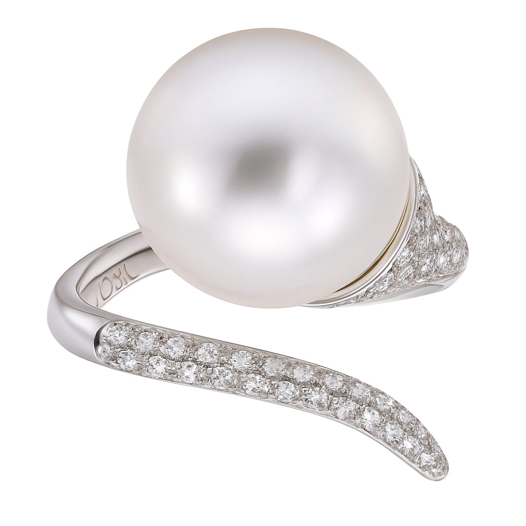 18K White Gold South Sea Pearl Ring, 13-14mm, 0.79ct