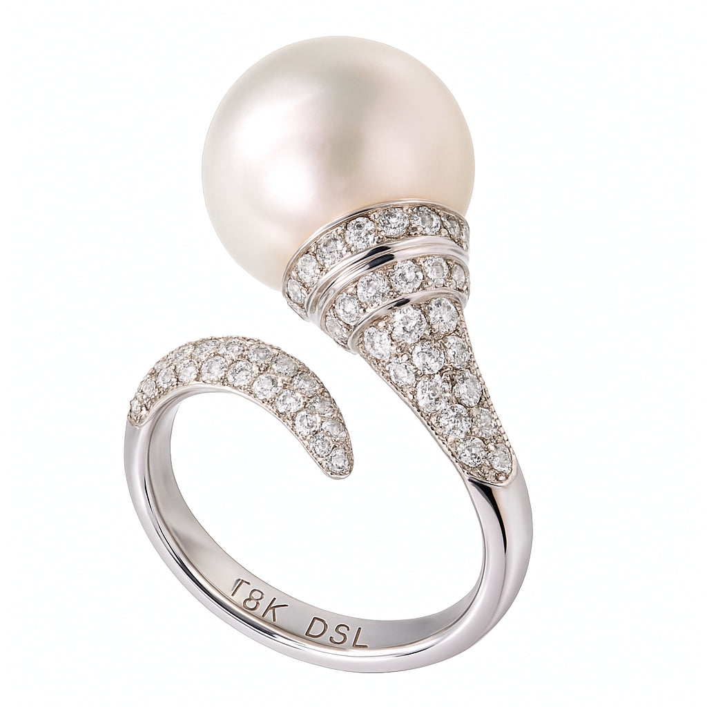 18K White Gold South Sea Pearl Ring, 13-14mm, 0.79ct